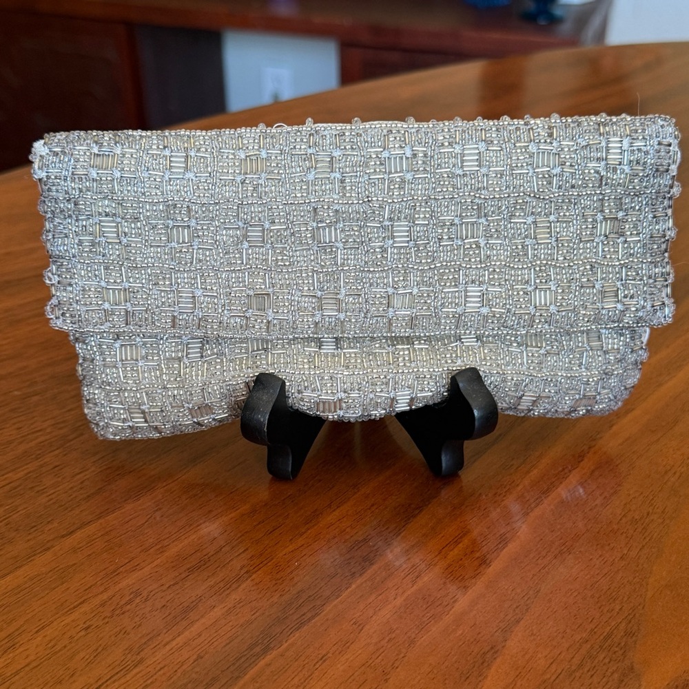 Vintage beaded clutch bag envelope fold over flap silver beads white satin